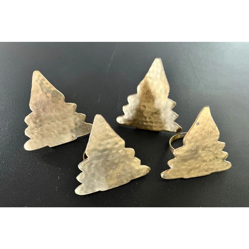 Brass Festive Gold Christmas Tree Shape Hammered Holiday Napkin Rings Set of 4